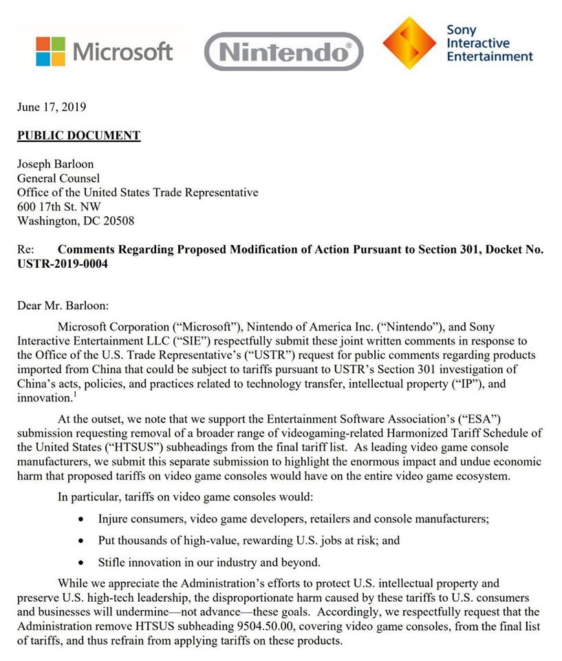 sony microsoft nintendo statement