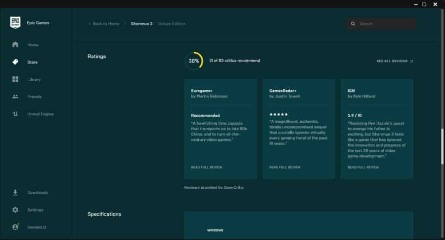 Epic Games Store เพิ่มระบบรีวิวจากเว็บไซต์ OpenCritic เข้ามาในแพลตฟอร์มแล้ว 1 EGS reviews