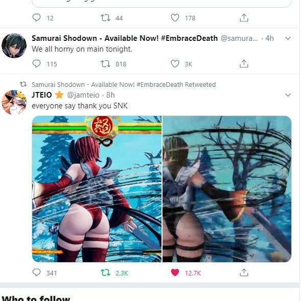 เกมเมอร์แสดงความไม่พอใจ หลัง SNK ลบทวีตของตัวเองที่มีข้อความเชิงหื่นกามในเพจ Samurai Shodown 3 Samurai Shodown