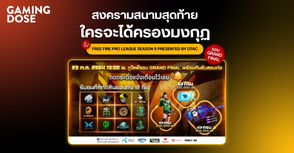 สงครามสนามสุดท้าย ใครจะได้ครองมงกุฏ ใน FREE FIRE PRO LEAGUE SEASON 5 PRESENTED BY DTAC รอบ GRAND FINAL 1 GD ปกบทความwebsite ด้ 1