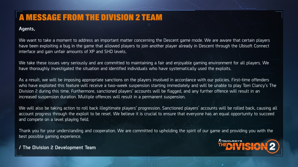 Ubisoft แบนคนโกงค่า EXP ในเกม The Division 2 พร้อมเตือนให้หยุด ไม่เช่นนั้นจะโดนแบนถาวร 2 1