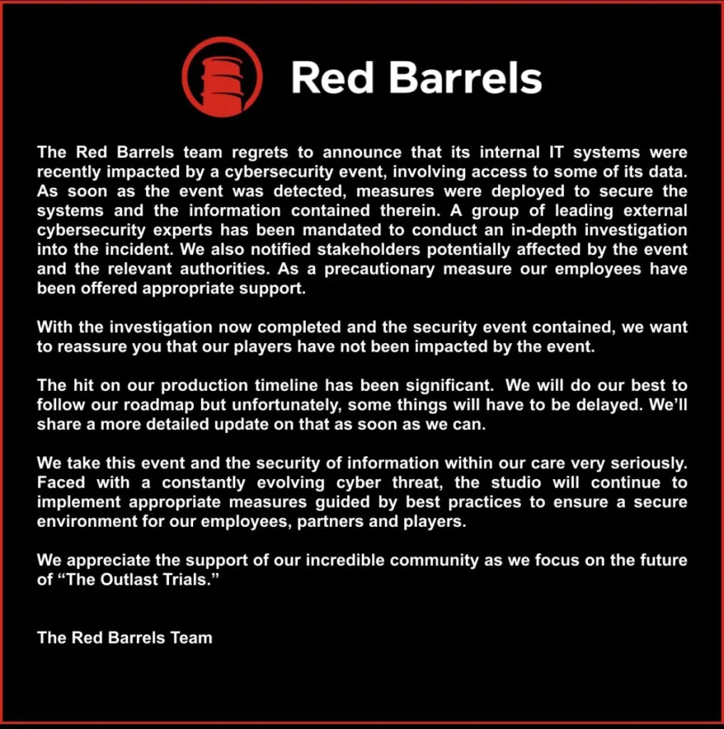 Red Barrels ทีมพัฒนา Outlast ประกาศถูกโจมตีทางไซเบอร์ บริษัทได้รับผลกระทบจากข้อมูลรั่วไหลครั้งใหญ่ 2 Red Barrels jpg