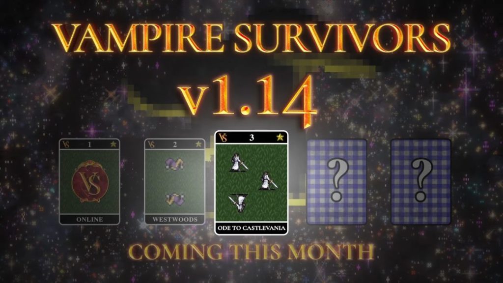 Vampire Survivors อัปเดต v1.14 เตรียมเพิ่มตัวละครใน DLC Ode To Castlevania อีก 16 ตัว พร้อมอัปเดตอื่น ๆ อีกในเดือนนี้ 1 Vampire Survivors Ode to Castlevania Update Announcement Trailer 0 2 screenshot