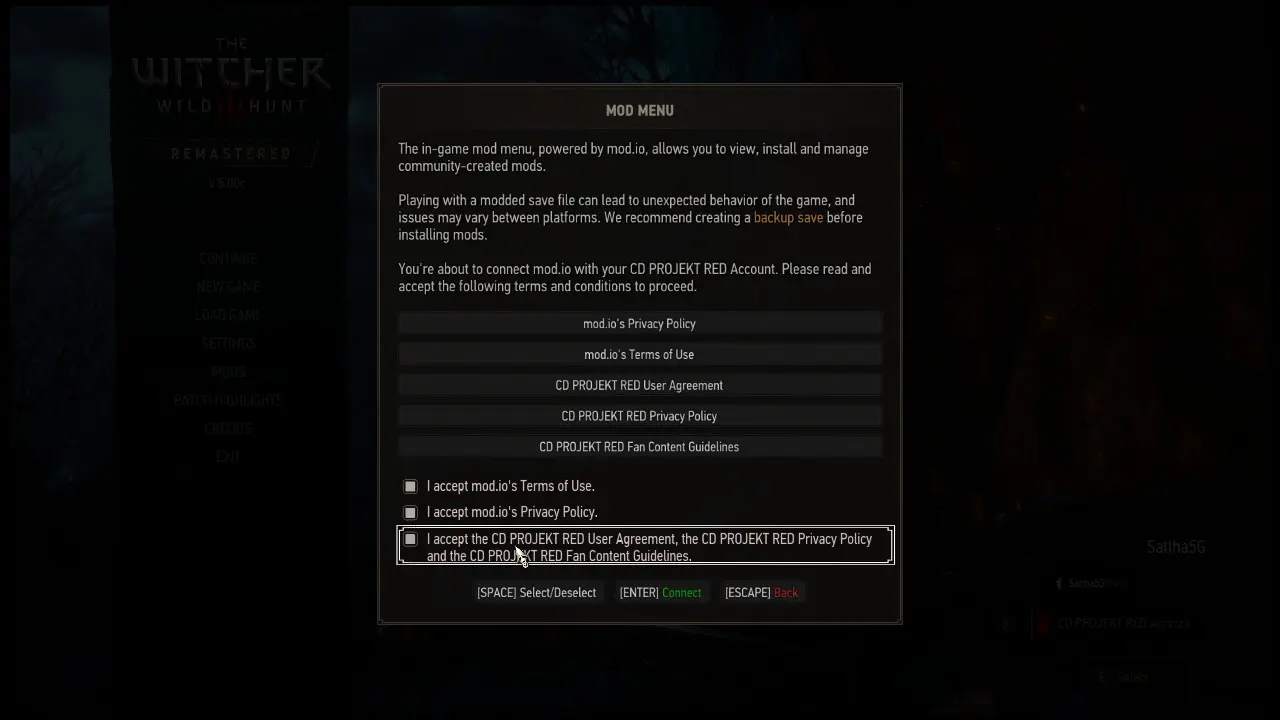 หน้าจอเมนู Mod ในเกม The Witcher 3 Remastered ที่ใช้ระบบ mod.io